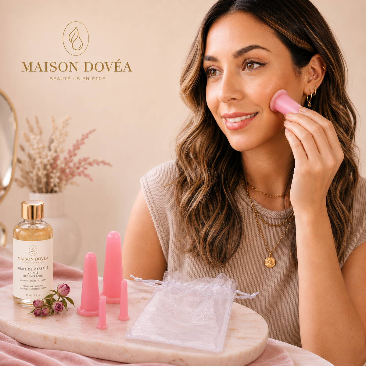 Coffret Cupping Visage — 4 ventouses en silicone rose